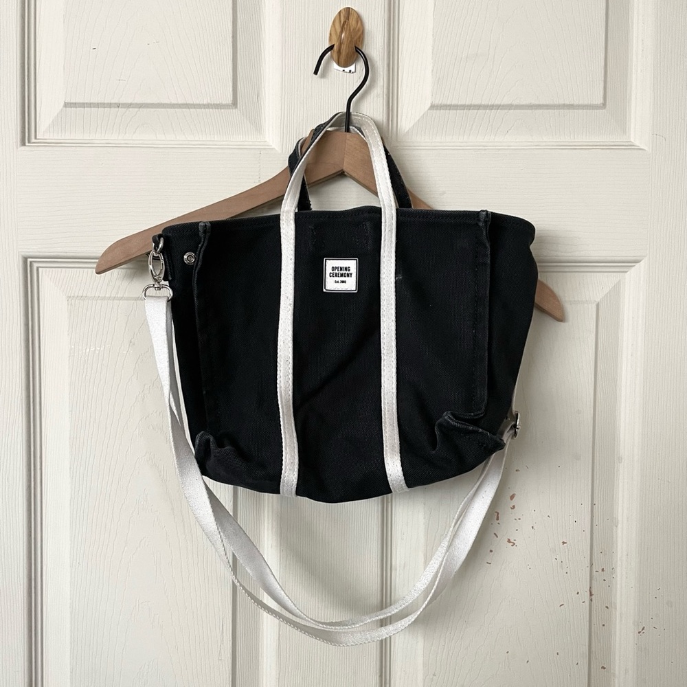 Opening ceremony navy blue canvas mini crossbody tote bag
